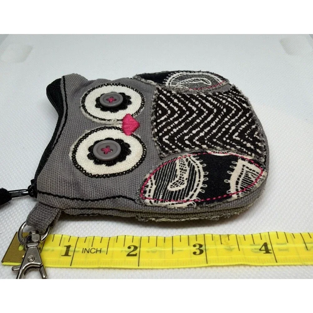 Thirty-One Icon Owl Coin Purse Gray Black Paisley Patchwork Retired Zip Pouch
